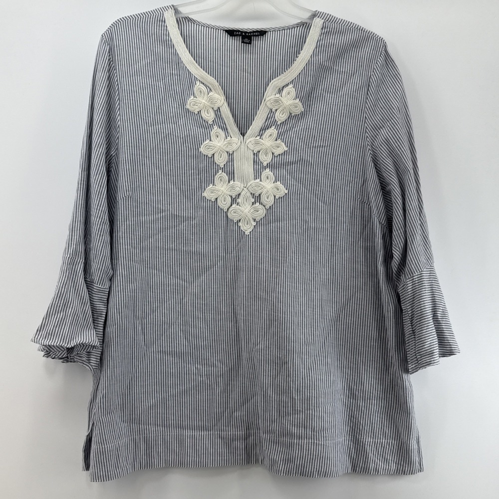 Zac & Rachel 3/4 Ruffle‎ Sleeve Blue/White Striped V-Neck Top Size XL Trim